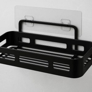 Rustproof Aluminum Bathroom Shower Caddy Shelf Organizer Adhesive Wall Mounted Kitchen Storage Basket No Drilling Black