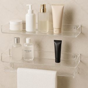 3 Floating Bathroom Shelves Clear Acrylic Wall Mounted Vanity Storage Rack Towel Bar Holder Cosmetic Organizer Stand