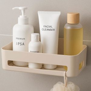 5 Self Adhesive Bathroom Shelf Organizer Shower Storage Basket Hanging Rack No Drill Plastic Vanity Wall Holder