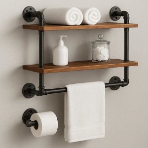 6 Industrial Pipe Wood Floating Shelves Wall Mounted Bathroom Storage Rack Towel Bar Toilet Paper Holder Stand